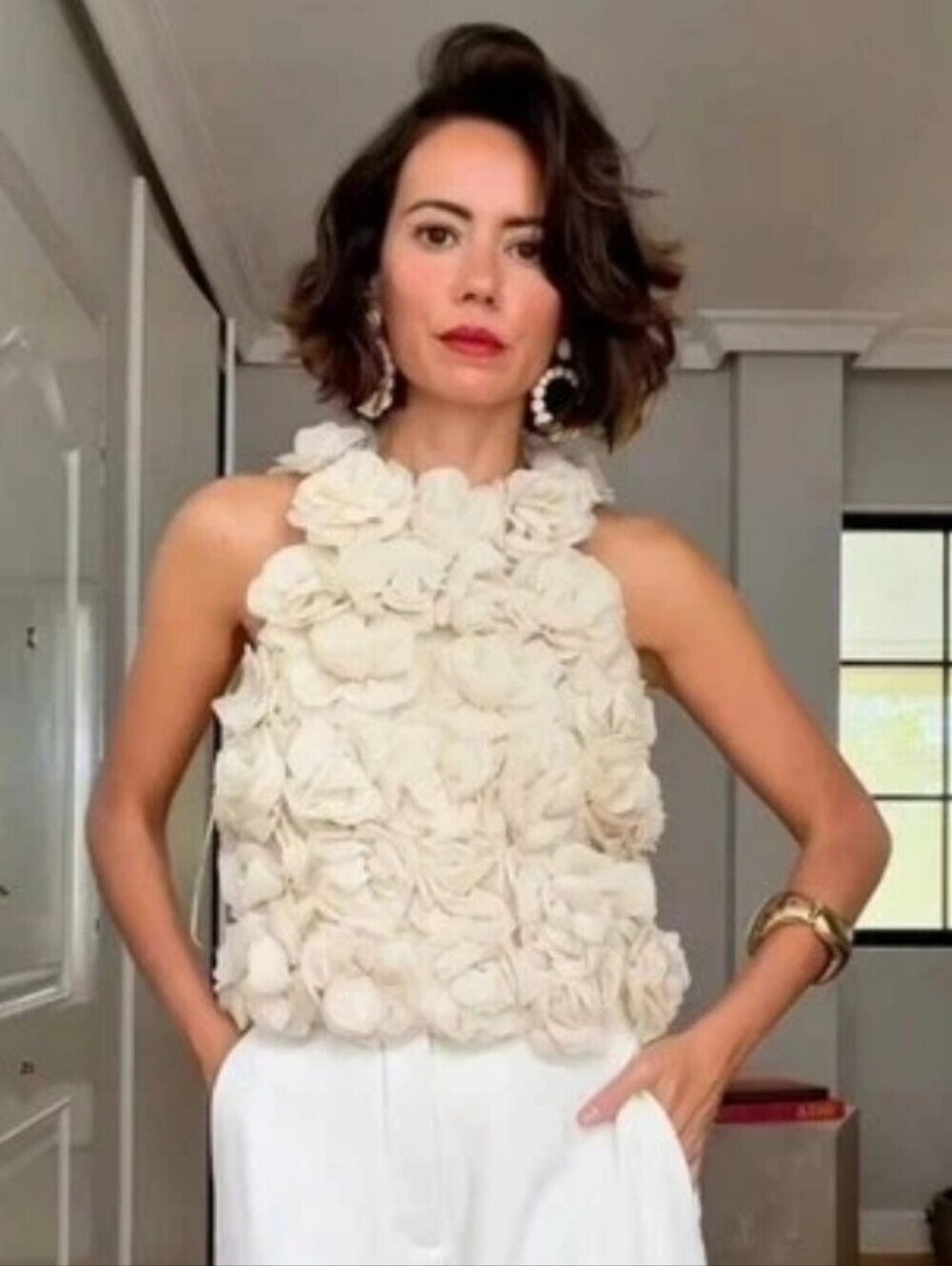 ZARA Cream Floral Appliqué Halter Top